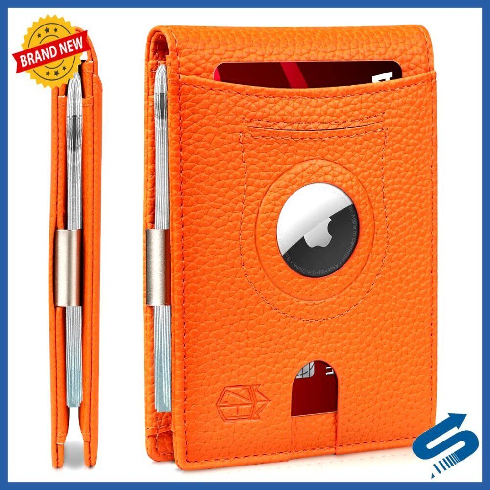 Slim RFID Leather Wallet with AirTag Holder & Money Clip